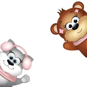 Cute bear and cat on a white background. Stock Illustration
