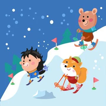 Cute bear and fox, hedgehog in cartoon style. Forest animals on skis. Funny char Illustrazione stock