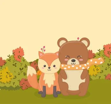 Cute bear and fox sitting in the forest hello autumn Stockillustratie