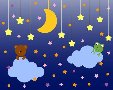 Cute bear and frog sitting on a cloud. Cartoon character for invitation, post Stock Illustration