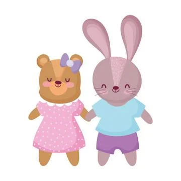 Cute bear and rabbit with clothes animals cartoon character Stock Illustration