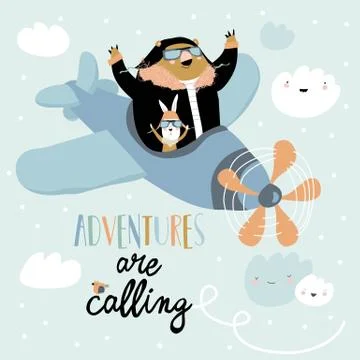 Cute bear and rabbit on a plane in the sky Stock Illustration