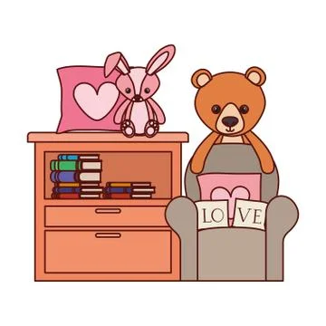Cute bear and rabbit stuffed baby toys in shelving Stock Illustration