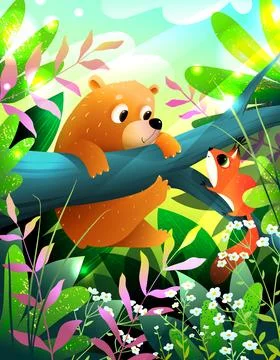 Cute Bear and Squirrel in Forest Woods for Kids Stock Illustration
