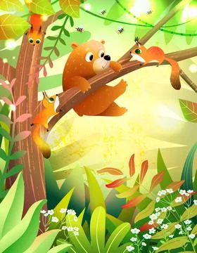 Cute Bear and Squirrel on Tree in Summer Forest Stock Illustration