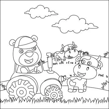 Cute bear and tractor in the farm, funny animal cartoon, Childish design Stock Illustration
