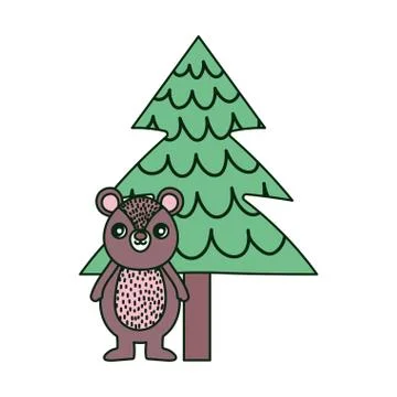 Cute bear and tree pine happy christmas Stock Illustration