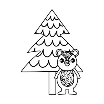 Cute bear and tree pine happy christmas thick line Stock Illustration