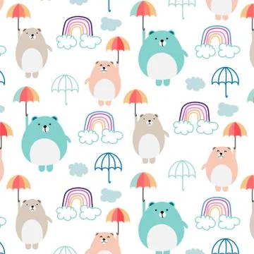 Cute Bear And Umbrella Pattern Background For Kids. Vector Illustration. Illustrazione stock