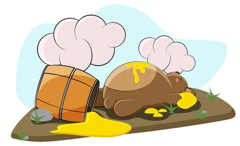 A cute bear ate too much honey and went to bed next to a large barrel of honey イラスト素材