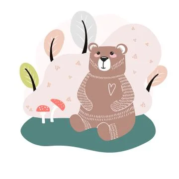 Cute bear on a background of trees. Hand drawn illustration Stock Illustration