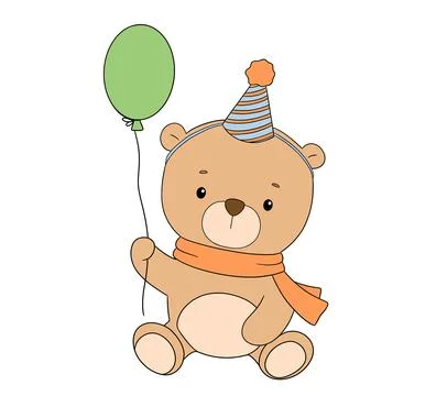 Cute bear with balloon, flat hand drawn illustration isolated on white backgr Stock Illustration