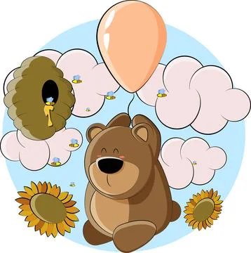 A cute bear in a balloon flew up to the bee nest to see if there is honey there イラスト素材