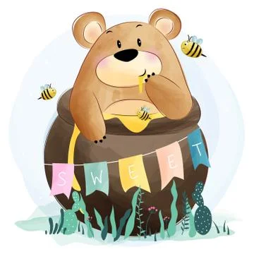 Cute bear with bee illustration 스톡 일러스트