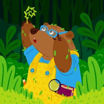 Cute bear botanist in glasses, explores new plants. Gardening grizzly. Stock Illustration