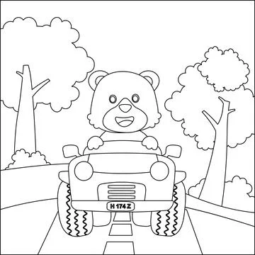 Cute bear cartoon having fun driving off road car on sunny day. Stock Illustration