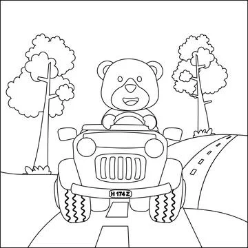 Cute bear cartoon having fun driving off road car on sunny day. Stock Illustration