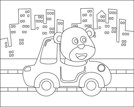 Cute bear cartoon having fun driving a city car on sunny day. Stock Illustration