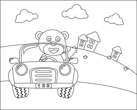 Cute bear cartoon having fun driving a city car on sunny day. Stock Illustration
