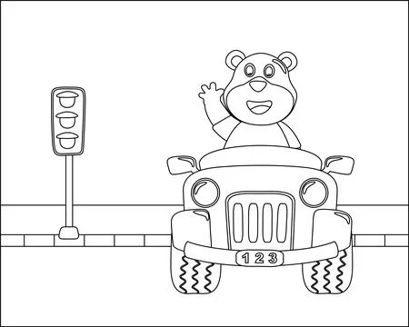 Cute bear cartoon having fun driving a off road car on sunny day. Stock Illustration