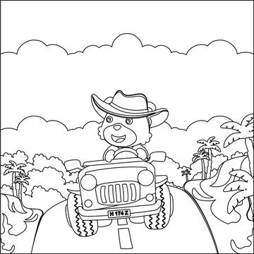 Cute bear cartoon having fun driving off road car on sunny day. Stock Illustration