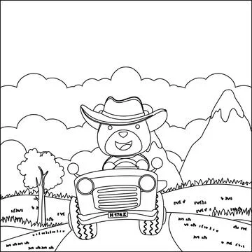 Cute bear cartoon having fun driving off road car on sunny day. Stock Illustration