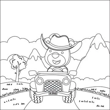 Cute bear cartoon having fun driving off road car on sunny day. Stock Illustration