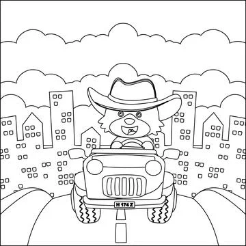 Cute bear cartoon having fun driving off road car on sunny day. Stock Illustration