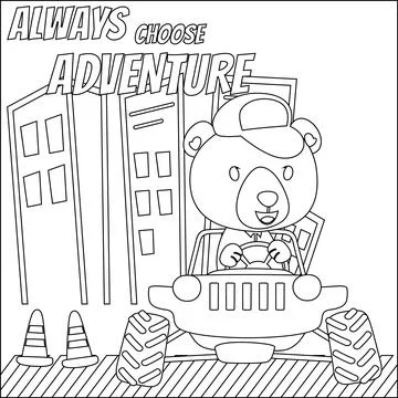 Cute bear cartoon having fun driving off road car on sunny day. Stock Illustration