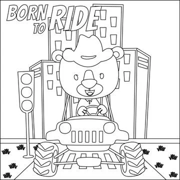 Cute bear cartoon having fun driving off road car on sunny day. Stock Illustration