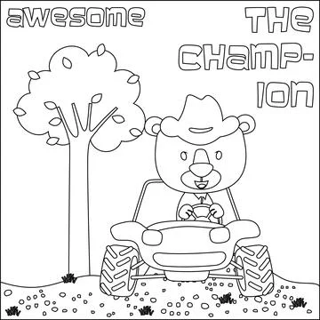 Cute bear cartoon having fun driving off road car on sunny day. Stock Illustration