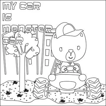 Cute bear cartoon having fun driving off road car on sunny day. Stock Illustration