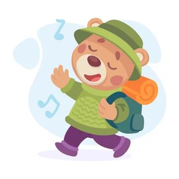 Cute Bear Character with Backpack Hiking and Singing Vector Illustration Stock Illustration