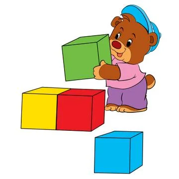 Cute bear character plays with colored cubes and builds a tower from them, is Stock Illustration