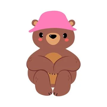 Cute Bear Character with Rounded Ears in Pink Hat Sitting Vector Illustration Stock Illustration