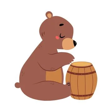 Cute Bear Character with Rounded Ears Sitting with Wooden Barrel Vector Stock Illustration