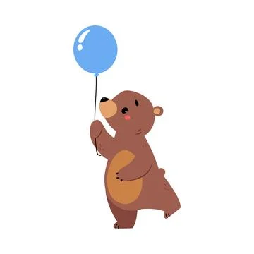 Cute Bear Character with Rounded Ears Walking with Blue Balloon Vector Stock Illustration