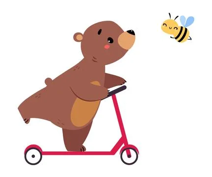 Cute Bear Character with Rounded Ears Riding Scooter Vector Illustration Stock Illustration