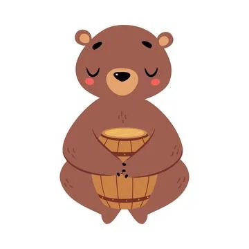 Cute Bear Character with Rounded Ears Sitting with Wooden Barrel Vector Stock Illustration