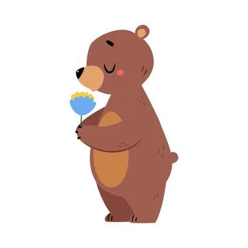 Cute Bear Character with Rounded Ears Holding FlowerVector Illustration Illustrazione stock