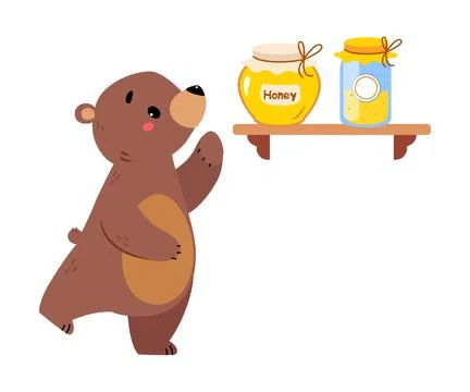 Cute Bear Character with Rounded Ears and Shelf with Honey Jars Vector Stock Illustration