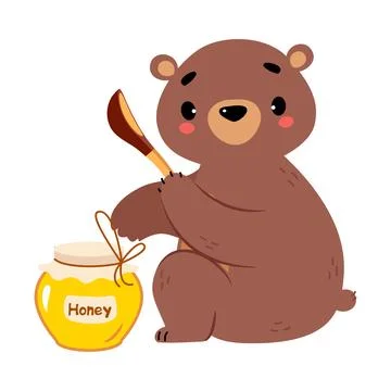 Cute Bear Character with Rounded Ears Sitting with Spoon and Honey Jar Vector Stock Illustration
