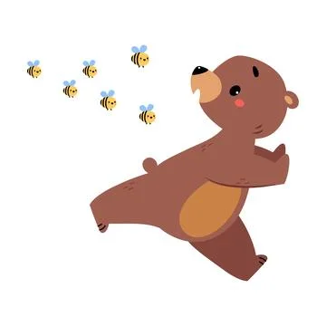 Cute Bear Character with Rounded Ears Run Away from Bee Hive Vector Illustration Stock Illustration