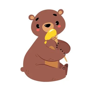 Cute Bear Character with Rounded Ears Eating Sweet Honey Vector Illustration Stock Illustration