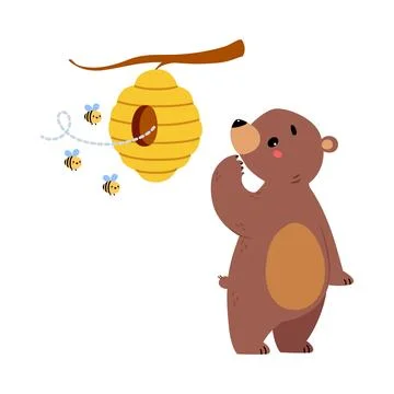 Cute Bear Character with Rounded Ears Standing at Bee Hive Vector Illustration Stock Illustration