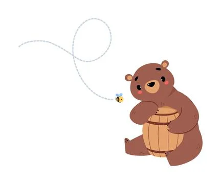 Cute Bear Character with Rounded Ears Sitting with Wooden Barrel Vector Stock Illustration