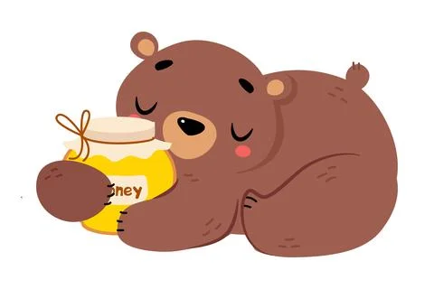 Cute Bear Character with Rounded Ears Sleeping with Honey Jar Vector Stock Illustration
