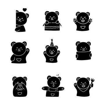 Cute bear character solid icon collection. glyph hand drawn style. isolated.. Stock Illustration