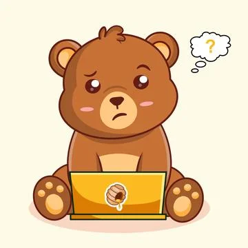 Cute Bear Confused  Working on Laptop with Thought Bubble Stock Illustration