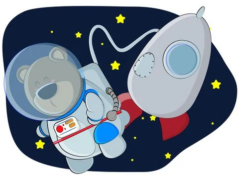 A cute bear cub flies in outer space and there is a spaceship in the back Illustrazione stock